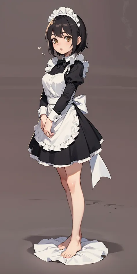 1girl, cute, ((Short black hair girl and long blonde hair girl)), maid victorian, maid apron, straight face, dazed, Body position: Standing, straight, symmetrical, barefoot, Lustful smile on face with red blush,
