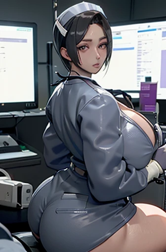 ,nurse uniform,hospital, latex nurse suit,nurses,busty,elbow gloves,labcoat,blackhair woman,grey eyes , gigantic boobs ,medical instruments,asian nurse,two nurses,speculum,examination room,oversize boobs, ,big ass ,strap on, lay on table ,legs spreaded,giv...