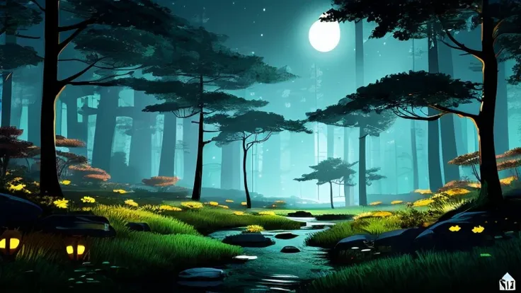 there are many lights that are on in the dark forest, digital art inspired by Eyvind Earle,  digital art, night forest background, night forest, in a forest at night, deep forest in the night, priests roam with lanterns, firefly forest at night, in the for...