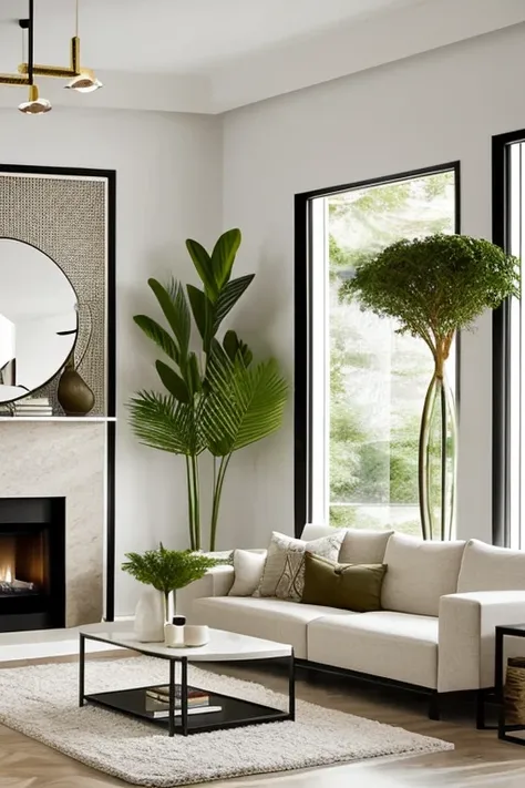 Modern living room with luxurious lighting around the room, urban jungle style plants decorate the room, luxurious and modern furniture, mesa de centro com artesanato, forro de gesso, paredes brancas, grande janelas de vidro, cortinas semi abertas, Tv, Qua...