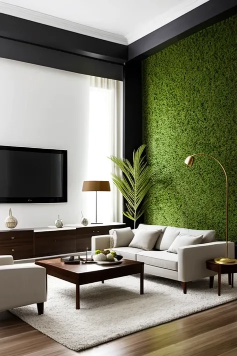 Modern living room with luxurious lighting around the room, urban jungle style plants decorate the room, luxurious and modern furniture, mesa de centro com artesanato, forro de gesso, paredes brancas, grande janelas de vidro, cortinas semi abertas, Tv, Qua...