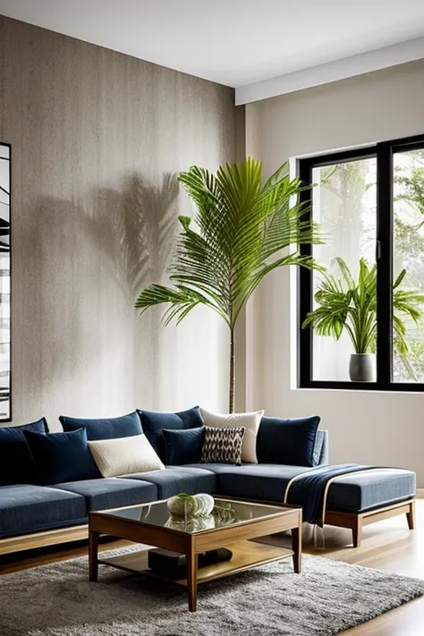 Modern living room with luxurious lighting around the room, urban jungle style plants decorate the room, luxurious and modern furniture, mesa de centro com artesanato, forro de gesso, paredes brancas, grande janelas de vidro, cortinas semi abertas, Tv, Qua...