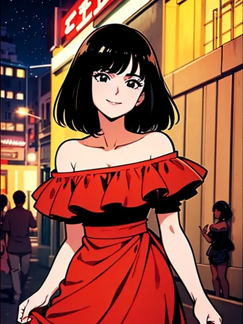 1 girl, Teenage, Black hair, Short black hair, Medium Hair, Bob Hair, Black eyes, off shoulder dress, orange ruffle off the shoulder top, long black skirt, Flamenco Dress, Flamenco dancer, Smile, standing up, looking at viewer, the city street, Sexy, night...