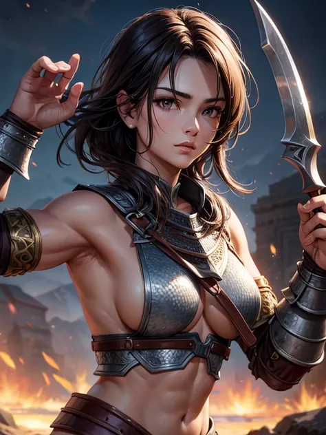 Female warrior, best quality, masterpiece, perfect face, brown eyes, muscular belly, smooth skin, chainmail armor, elfish beauty, sideboob, 4K