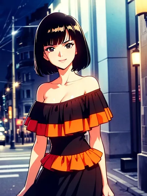 1 girl, Teenage, Black hair, Short black hair, Medium Hair, Bob Hair, Black eyes, off shoulder dress, orange ruffle off the shoulder top, long black skirt, Flamenco Dress, Flamenco dancer, Smile, standing up, looking at viewer, the city street, Sexy, night...