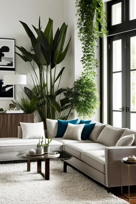 Modern living room with luxurious lighting around the room, urban jungle style plants decorate the room, luxurious and modern furniture, mesa de centro com artesanato, forro de gesso, paredes brancas, grande janelas de vidro, cortinas semi abertas, Tv, Qua...