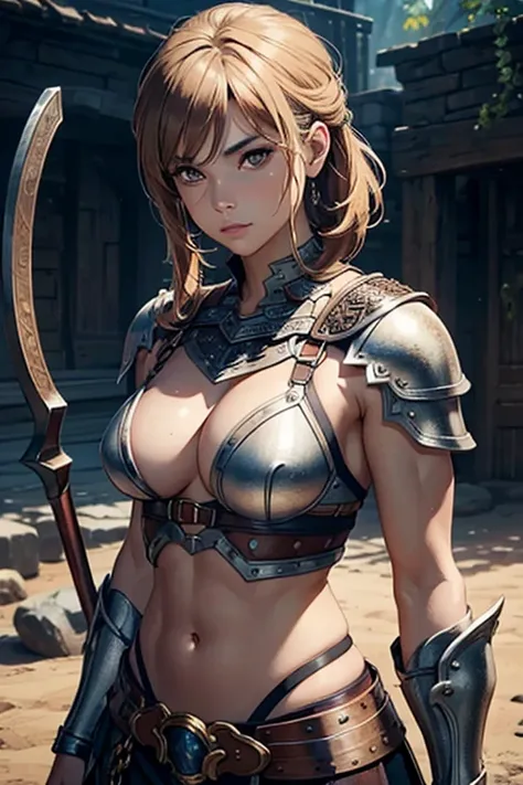 Female warrior, best quality, masterpiece, perfect face, brown eyes, muscular belly, smooth skin, chainmail armor, elfish beauty, sideboob, 4K