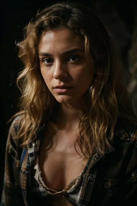 photograph of a woman, (troubled facial expression), textured skin, goosebumps, blonde afro hair, plaid flannel shirt with distressed boyfriend jeans, cowboy shot, dark and mysterious cave with unique rock formations and hidden wonders, perfect eyes, (cand...