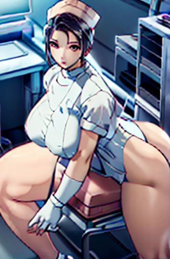 ,nurse uniform,hospital, latex nurse suit,nurses,busty,elbow gloves,labcoat,blackhair woman,grey eyes , gigantic boobs ,medical instruments,asian nurse,two nurses,speculum,examination room,oversize boobs, ,big ass ,strap on, lay on table ,legs spreaded,giv...