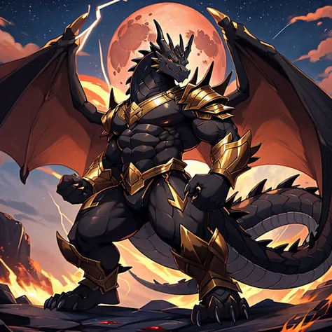 (The violent and powerful Black Dragon King is possessed by the black and gold magic armor，The black-gold magic armor completely controls the huge Black Dragon King：95)，(Broad dragon body，Strong build，majestic wingspan，Sharp and huge dragon claws，thick dra...