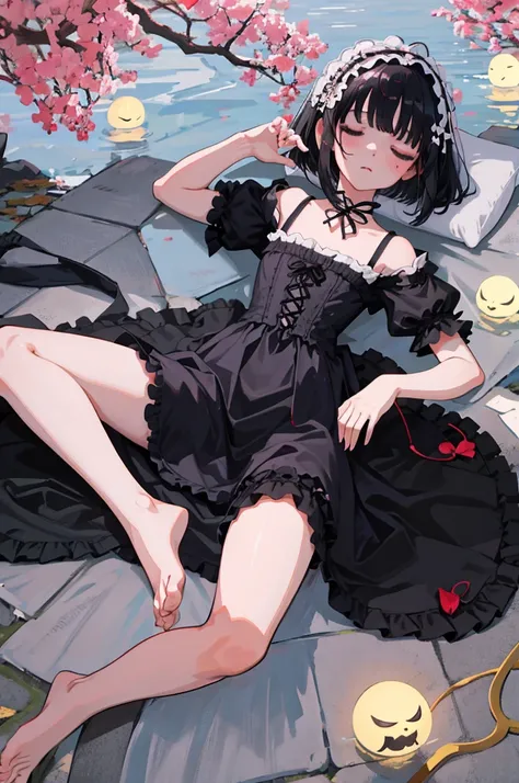 wariza，Curtsey，child，（masterpiece，highest quality），(short sleeve，White Gothic Lolita)，sleepy face，round eyes，black haired，Semi-long bob，barefoot，Ragged tatami，Cherry tree