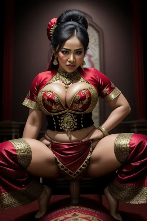 beautiful busty indonesian dancer, traditional kebaya, wearing a dark red bustier with a batik skirt and a green scarf around her waist, squatting a man, bowing, spreading legs, man penis inserting her small vagina, riding sex, angry, looking at viewer, po...