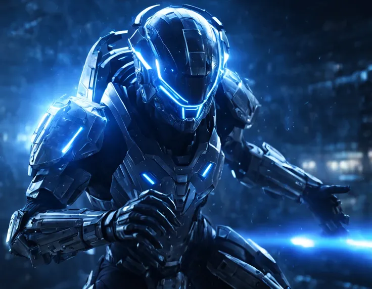 cyber warrior reflects an attack with a transparent energy shield, воин-киборг protected by an energy shield, protected by a transparent shield, tense dramatic atmosphere, Action Scene, cinematic frame, night, battlefield - spaceship compartment, dim light...