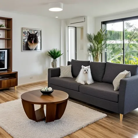 Modern living room with luxurious lighting around the room, plantas em estilo de selva urbana decoram o quarto, luxurious and modern furniture, mesa de centro com artesanato, forro de gesso, paredes brancas, grande janelas de vidro, cortinas semi abertas, ...