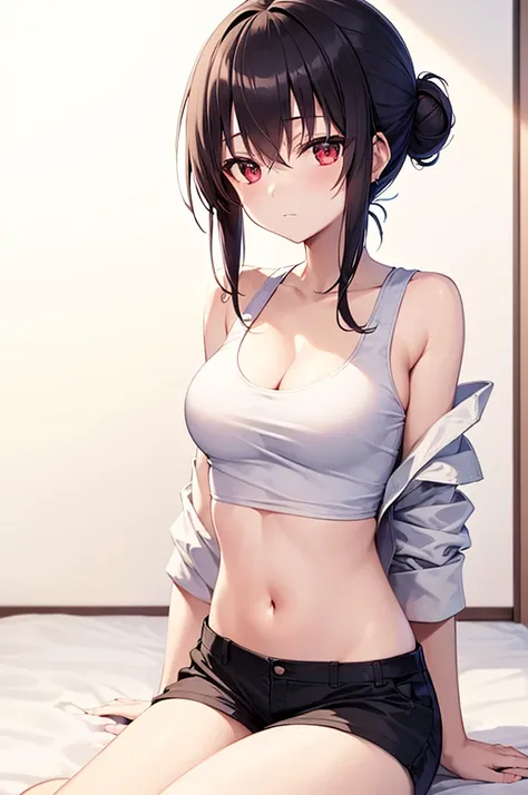 (((best quality, High resolution, japanese manga))) , red eyes, 1 girl, alone, looking at the viewer, topknot,hair bun, black hair, long sleeve, cleavage, medium breasts, closed mouth, clavicle, white tank top, open jacket, black jacket, shorts,Expressionl...