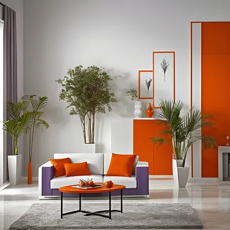 (((  color white red orange gray lilac, interagindo com 
Sala de estar moderna))), with luxurious lighting around the room, plants in the urban jungle style decorate the room, luxurious and modern furniture, mesa de centro com artesanato, forro de gesso, p...