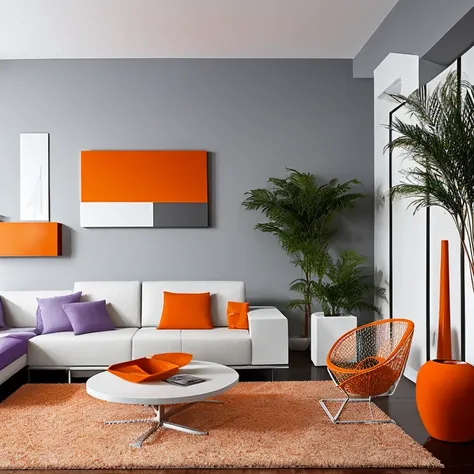 (((  color white red orange gray lilac, interagindo com 
Sala de estar moderna))), with luxurious lighting around the room, plants in the urban jungle style decorate the room, luxurious and modern furniture, mesa de centro com artesanato, forro de gesso, p...