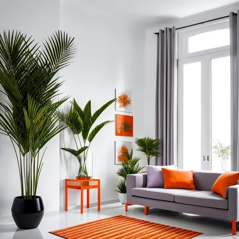 (((  color white red orange gray lilac, interagindo com 
Sala de estar moderna))), with luxurious lighting around the room, plants in the urban jungle style decorate the room, luxurious and modern furniture, mesa de centro com artesanato, forro de gesso, p...