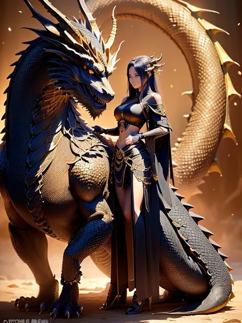 Create high-definition 8K. ((Emphasize the girl and dragon&#39;s faces、full body portrait:1.4)),3D CGI, fantasy artwork、The girl is facing forward with a serious expression, Bright blue eyes, highly detailed face. she is wearing a cloak, toned thighs、long ...