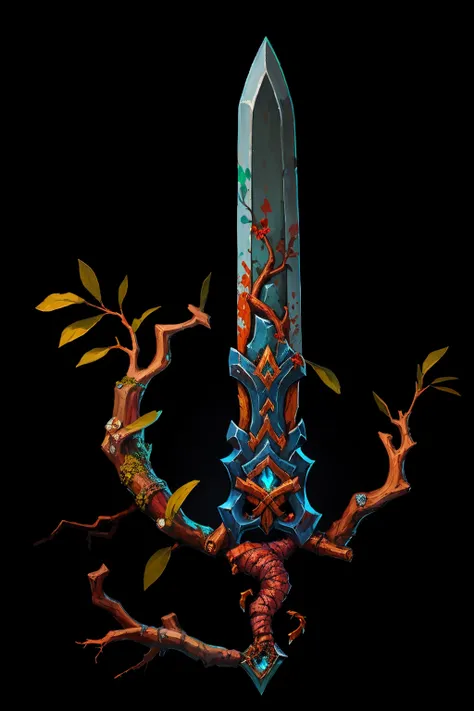 Game Art of battle sword in Painting Comix art style, best quality, Trending on Artstation, masterpiece, nature with branches