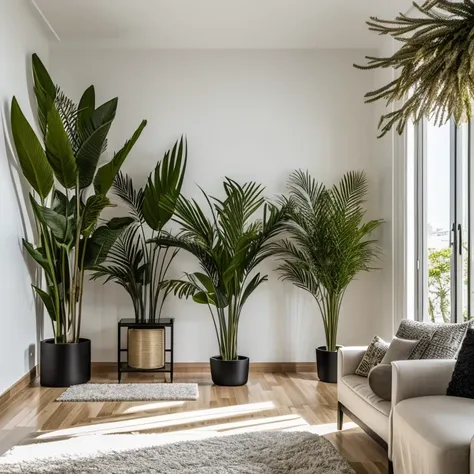 
Modern Dorm :
 with luxurious lighting around the room, plants in the urban jungle style decorate the room, luxurious and modern furniture, mesa de centro com artesanato, forro de gesso, paredes brancas, grande janelas de vidro, cortinas semi abertas, Tv,...