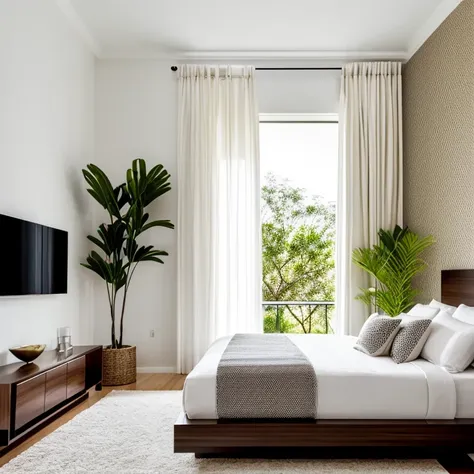 
Modern bedroom with luxurious lighting around the room, urban jungle style plants decorate the room, luxurious and modern furniture, mesa de centro com artesanato, forro de gesso, paredes brancas, grande janelas de vidro, cortinas semi abertas, Tv, Quadro...