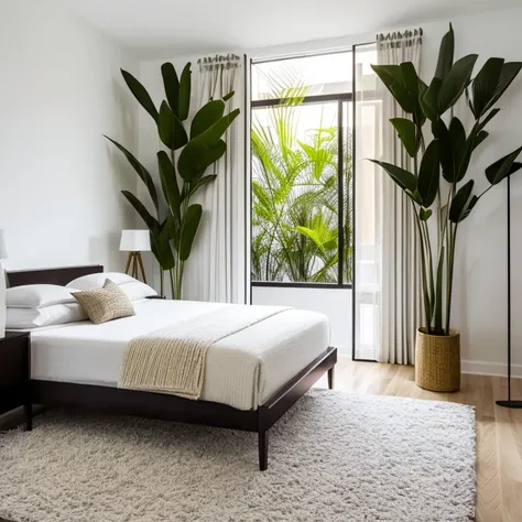 
Modern bedroom with luxurious lighting around the room, urban jungle style plants decorate the room, luxurious and modern furniture, mesa de centro com artesanato, forro de gesso, paredes brancas, grande janelas de vidro, cortinas semi abertas, Tv, Quadro...