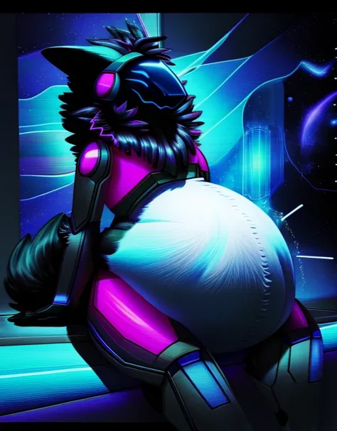 (best quality,4k,highres,masterpiece:1.2),ultra-detailed,realistic,photorealistic:1.37,a female blue eyed protogen with white fur sitting down in a captains chair with a huge vore belly looking pleased with her struggling prey,illustration,futuristic,glowi...