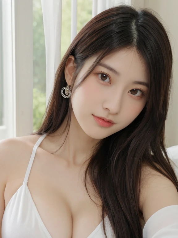 (realistic、high resolution:1.3)、 1 girl with perfect figure、selfee、smile、Long、((white skin:1.3))、Huge breasts:1.3、white bikini、looking at viewers、super fine face and eyes、long hair、 in bedroom, sit on the bed、exposed cleavage、upper body、half body