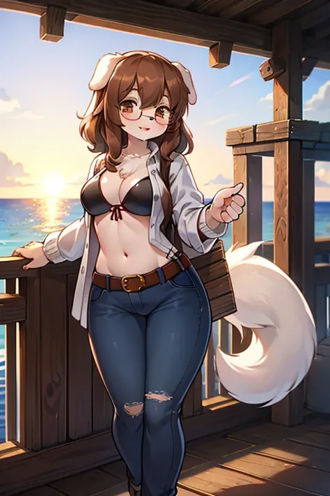 furry female, open_shirt bikini_top curvy canine dog glasses circle_glasses female floppy_ears spaniel 1girl sailing on boat dog_ears dark_brown_fur curly_hair anthro tropical island rays_of_light jeans ripped_clothes fluffy_tail, big_tail wooden crate in ...