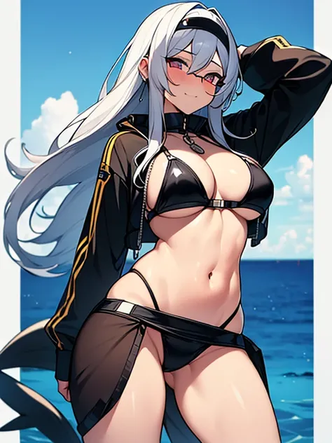 ((8k ultra, Perfect view, Looking at the camera, smuggle, sexy pose)), A girl, has long a silver Hair falls through her waist, eyes Golden vertical pupil, wearing black bikini, dog tag, Aviator glass, background Deep ocean with whales and fish