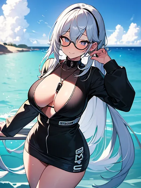 ((8k ultra, Perfect view, Looking at the camera, smuggle, sexy pose)), A girl, has long a silver Hair falls through her waist, eyes Golden vertical pupil, wearing black bikini, dog tag, Aviator glass, background Deep ocean with whales and fish