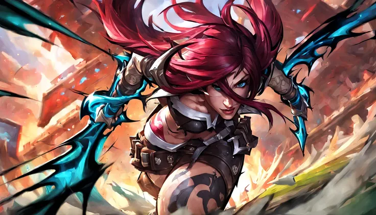 best aesthetic, lolsplashart, soul fighter katarina, 1girl, solo, scar on left eye, tattoo on abdomen