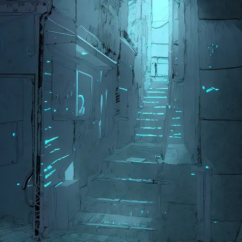 narrow alley with stairs and a neon sign, shady dark backalley at night, cyberpunk back alley, alleyway, hard light digital painting, alley,  low detailed. digital painting, lighting study, anime background art, nightlight study, A man in dark shadows, blu...