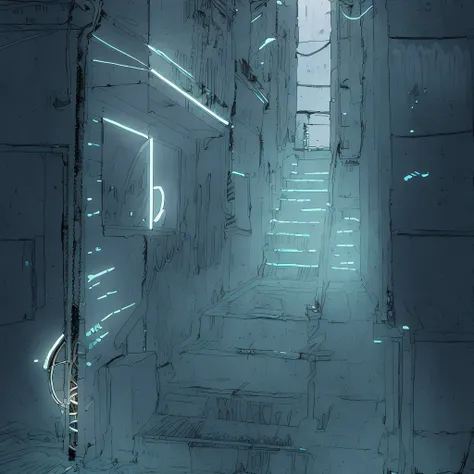 narrow alley with stairs and a neon sign, shady dark backalley at night, cyberpunk back alley, alleyway, hard light digital painting, alley,  low detailed. digital painting, lighting study, anime background art, nightlight study, A man in dark shadows, blu...