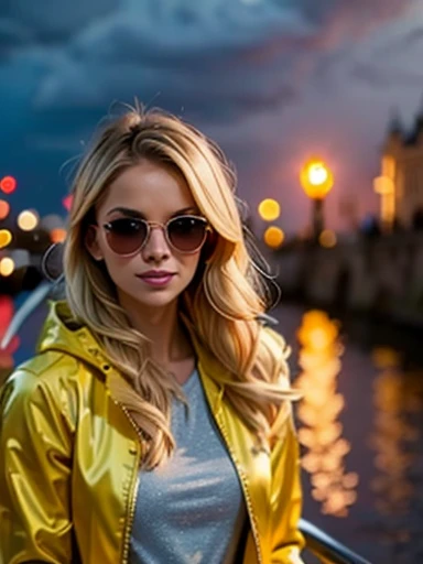 A photography of a classy woman, wearing a yellow raincoat with hoodie and sunglasses. The city is on fire at night, high exposure. In the background there are stormy weather glow in the sky by Greg Rutkowsky, concept art, matte painting, highly detailed, ...