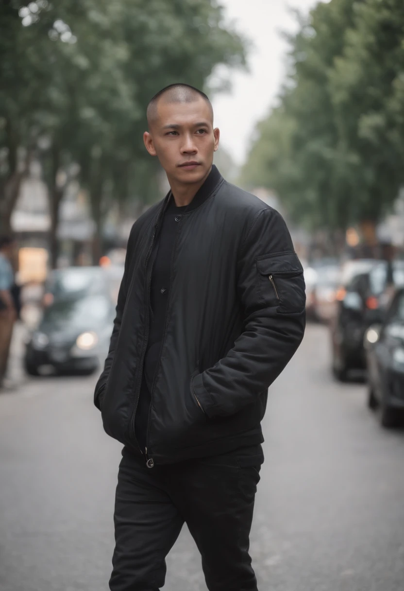 1man, malay, walking on the street, black fly jacket, shaved face, professional portrait, hyper realistic, ultra detailed photograph, captured with a 85mm lens, f4. 6, bokeh, ultra detailed, ultra accurate detailed, bokeh lighting, surrealism, urban settin...