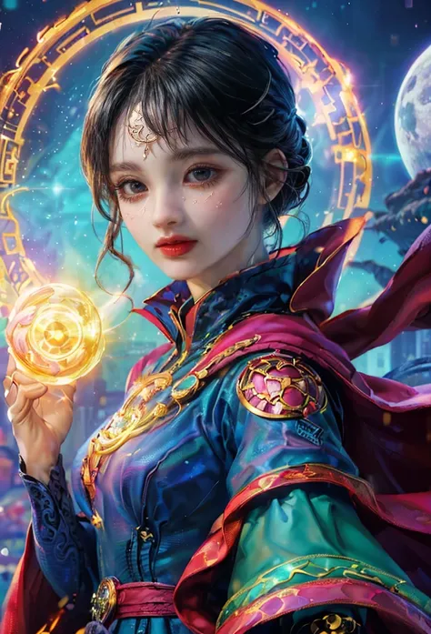 Sparkling, Marvel Universe Doctor Strange world, ((1 beautiful girl wearing Doctor Strange clothes: 1.2, sweet smile: 1.2)), the moon is empty, beautiful girl dressed as Doctor Strange, teaching wand, (hands wrapped around Magic light: 1.5), sky, full moon...