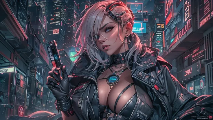 there is a woman holding a pen and a cell phone, cyberpunk femme fatale, game poster, game key art, cover game art, 4k detailed digital art, cyberpunk women, 4k highly detailed digital art, stylized urban fantasy artwork, deviantart artstation cgscosiety, ...