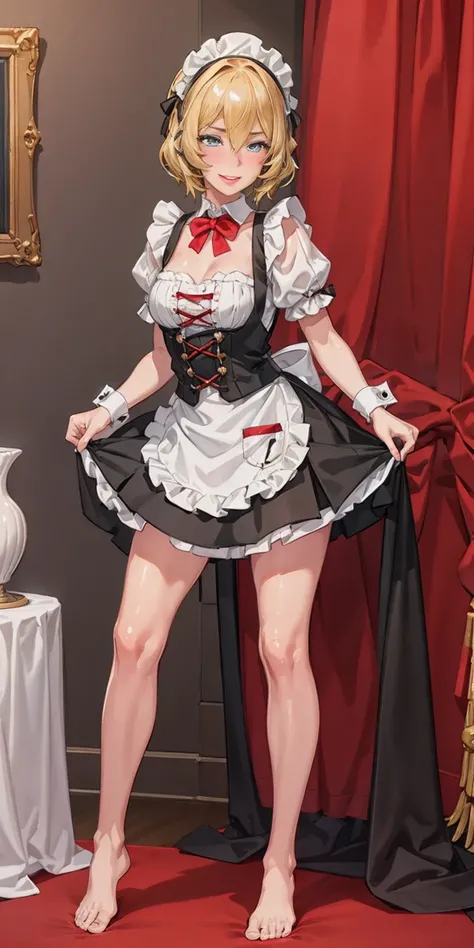 1girl, cute, ((Short black hair girl and long blonde hair girl)), maid victorian, maid apron, straight face, dazed, Body position: Standing, straight, symmetrical, barefoot, Lustful smile on face with red blush,
