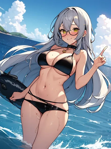 ((8k ultra, Perfect view, Looking at the camera, smuggle, sexy pose, soaked)), A girl, has long a silver Hair falls through her waist, Gold eye vertical, wearing black bikini, dog tag, Aviator black glass, background under beneath the ocean with whales and...