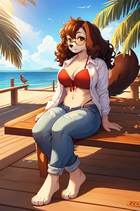 furry female, open_shirt bandeau_top curvy canine dog glasses circle_glasses female floppy_ears spaniel 1girl sailing on boat dog_ears dark_brown_fur curly_hair anthro tropical island rays_of_light jeans ripped_clothes fluffy_tail, big_tail sfw boardwalk p...