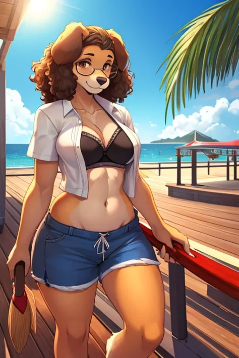 furry female, open_shirt sports_bra curvy canine dog glasses circle_glasses female floppy_ears spaniel 1girl sailing on boat dog_ears dark_brown_fur curly_hair anthro tropical island rays_of_light athletic_shorts ripped_clothes fluffy_tail, big_tail sfw bo...