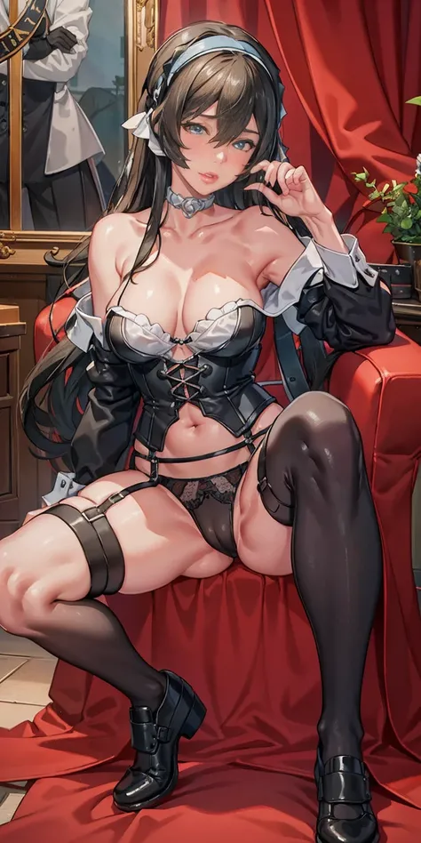 masterpiece,best quality,highres,ultra-detailed,aaloo,long hair,two side up,bangs,hair ribbon,(black hairband:1.2),breasts,(corset top:1.2),(garter belt:1.2),garter straps,choker,thighs,(embarrass:1.2),sitting,squatting,_open_legs,indoors,over-kneehighs,(p...