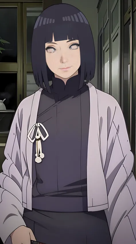 Hinata ,Tall woman, long black hair, purple eyes, smirk, samurai clothes, sheathed katana, masterpiece, high quality