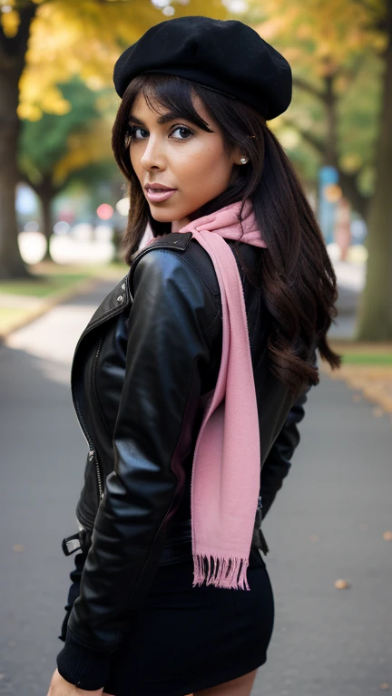 woman wearing a biker jacket, black beret, pink scarf, high boots, leather backpach, while is in a park, aw-dropping beauty, jaw dropping beauty, attractive face and body, attractive woman, a gorgeous beautiful dark brown haired girl, lovely black woman, g...