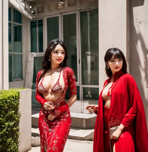 beautiful woman with breast size 34D wearing an elegant red kebaya with detailed and cool motifs standing in front of a building