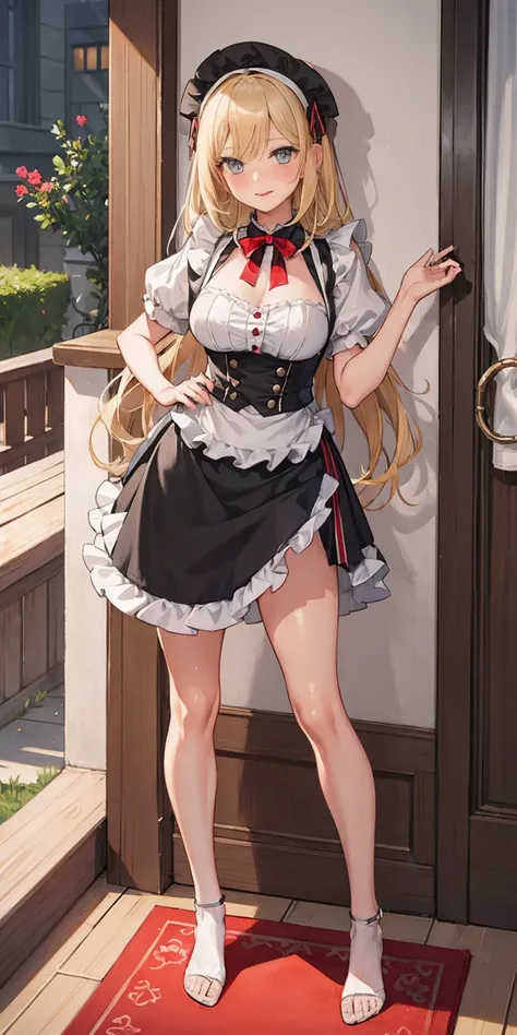 1girl, cute, ((Short black hair girl and long blonde hair girl)), maid victorian, maid apron, straight face, dazed, Body position: Standing, straight, symmetrical, barefoot, Lustful smile on face with red blush,
