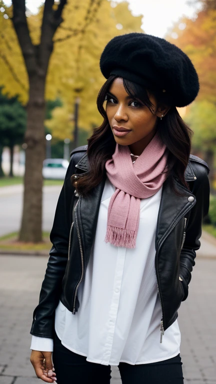 woman wearing a biker jacket, black beret, pink scarf, high boots, a leather backpack, while is in a park, aw-dropping beauty, jaw dropping beauty, attractive face and body, attractive woman, a gorgeous beautiful dark brown haired girl, lovely black woman,...