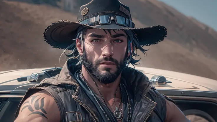 cyberpunk, wilderness, nomad, man, short beard, cowboy hat. arming, 4 wheel drive car, Focus on upper body and face, perfect face, perfect body, ultra high definition, high detail, 8K